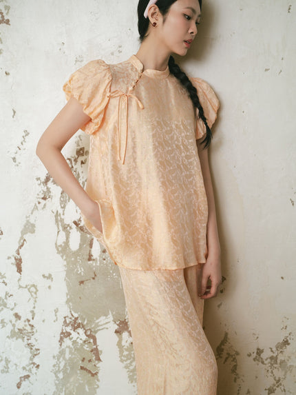 Puff Sleeve Mandarin Collar Set - Orange HP21