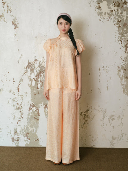 Puff Sleeve Mandarin Collar Shirt - Orange HP22