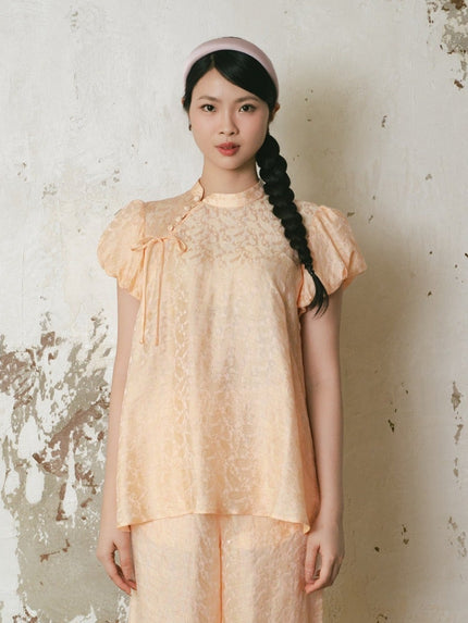 Puff Sleeve Mandarin Collar Shirt - Orange HP22