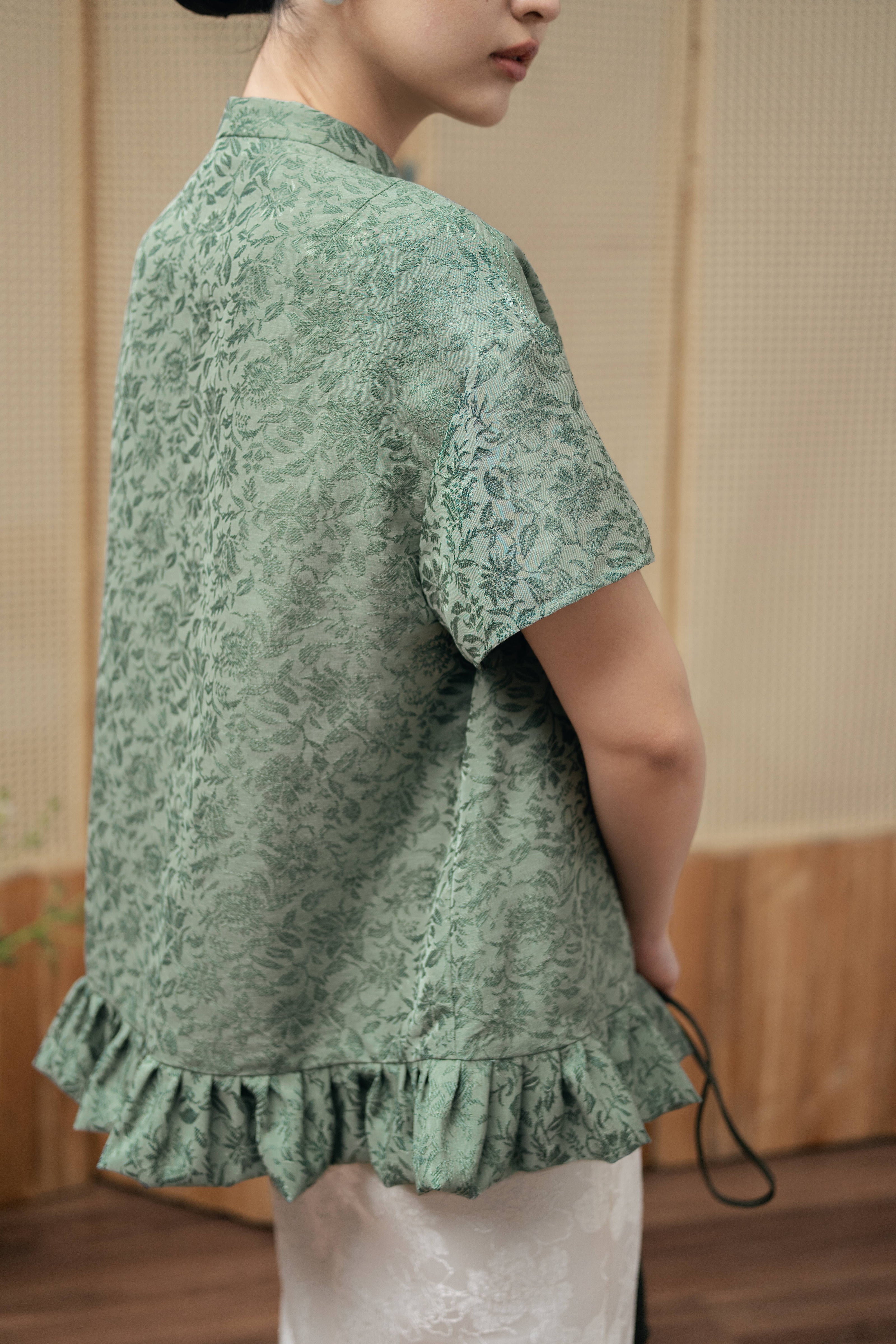 Silken Grace Ruffled Blouse - Green HP40