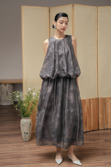 Sheer Petal Midi Dress - Grey HP66