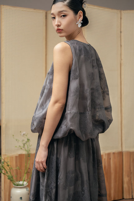 Sheer Petal Midi Dress - Grey HP66