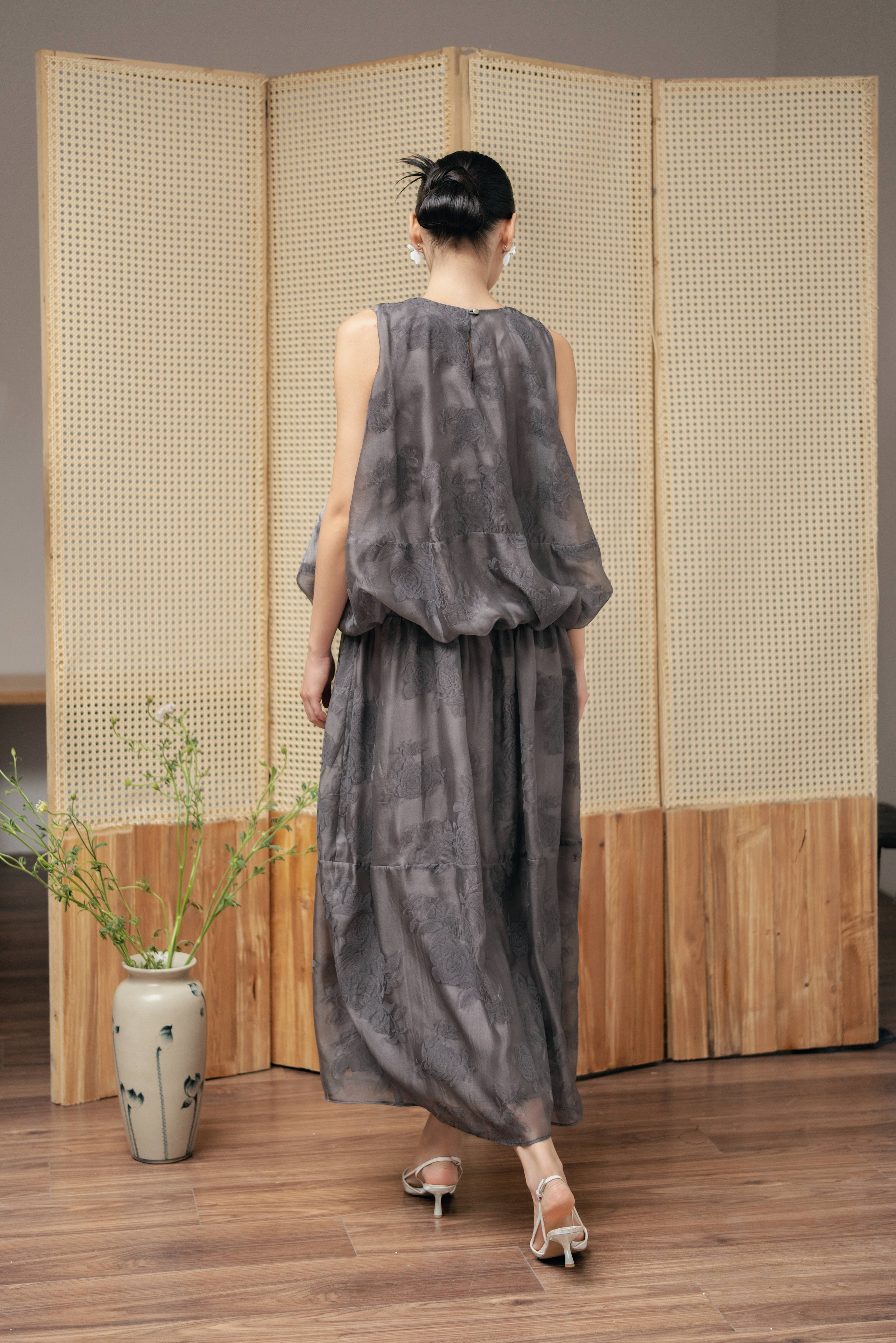 Sheer Petal Midi Dress - Grey HP66