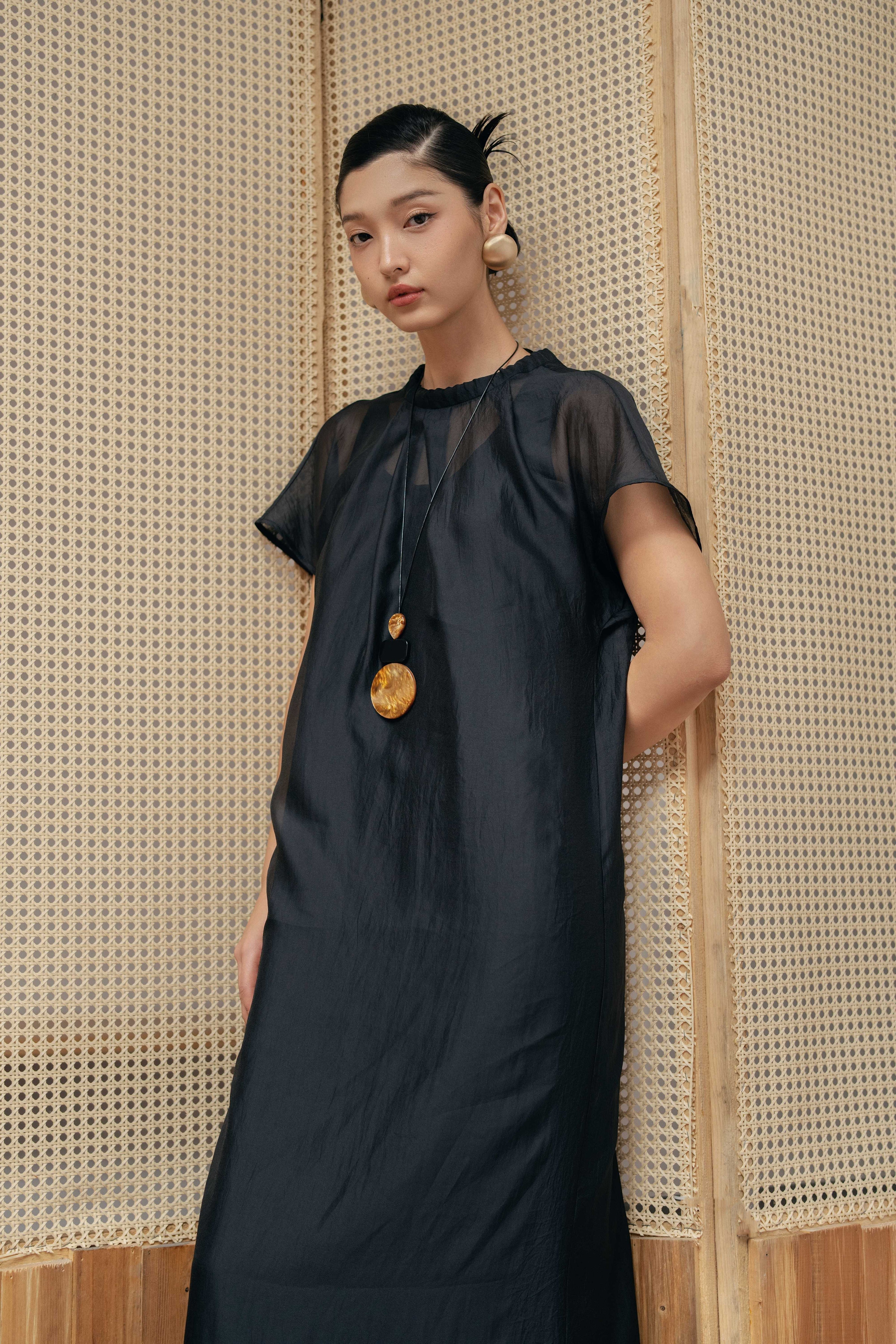 Sheer Midi Dress- Black HP67