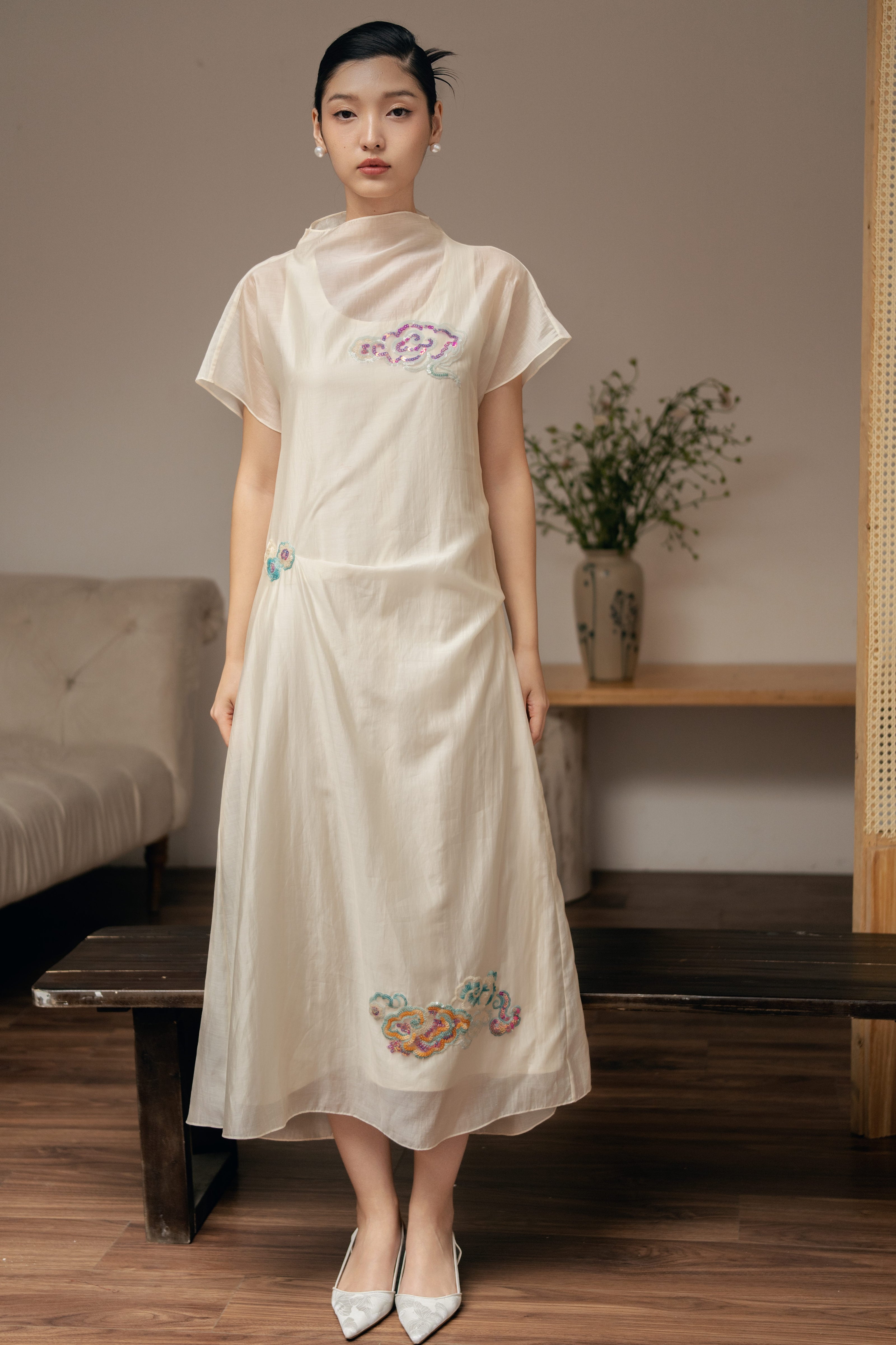 Serene Flow Embroidered Midi Dress - HP59